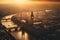 Big Ben Clock Tower in London on sunset. Westminster Bridge in London city aerial view.