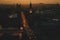 Big Ben Clock Tower in London on sunset. Westminster Bridge in London city aerial view.