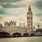 Big Ben, Westminster Bridge on River Thames in London, the UK. Vintage