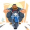 Big biker rides motorcycle, turns, bright colors motorcycle, sports fast motorcycle. Cartoon, flat vector illustration