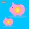 Big bitcoin piggy bank with small dollar piggy bank. The concept of profitability