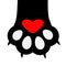 Big black cat paw print leg foot with nail claw. Cute cartoon character body part silhouette. Red heart sign symbol. Baby pet coll