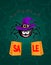 Big Black cute happy smiling spider wearing purple witch hat hanging on cobweb with two shopping bags with text sale on dark green