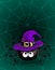 Big Black cute spider in violet witch hat hanging on cobweb on dark green background. Halloween scary funny object