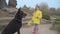 Big black doberman giving paw to his owner in the autumn park. Pretty Caucasian girl in yellow coat waving to her