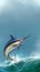 Big black marlin jumps sea waves background vertical mobile version.