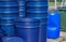 Big blue buckets and barrels.