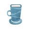 Big blue cup for tea and coffee. Ceramic mug with small saucer. Pottery vessel for hot drinks. Flat vector with texture