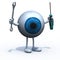 Big blue eyeball with arms, legs and tools on hands