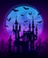 Big blue moon with scary castle and bats silhouettes on dark violet background. Vector halloween poster backdrop