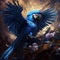 Big blue parrot Hyacinth Anodorhynchus wild bird flying on the dark blue action scene in the nature