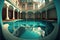 Big blue swimming pool interior in baroque style.