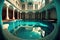 Big blue swimming pool interior in baroque style.