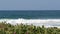 Big blue tide waves on beach, California shoreline USA. Pacific ocean coast, greenery on sea shore.
