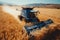 Big blue Tractor harvests in the wheat field in summer, aerial view