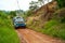 Big Blue Truck Carrying a Man in the Back, Driving on a Dirt Road Through the Grass and Weeds