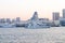 Big boat and rainbow bridge at sumida river viewpoint in tokyo