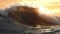 A big breaking ocean wave with white foam. Tropical sunset background. Sunset. Generative AI. Illustration for banner, poster,