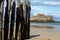 Big breakwater, 3000 trunks to defend the city from the tides, Plage de l`Ãƒâ€°ventail beach in Saint-Malo, Ille-et-Vilaine,