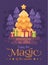 A big bright shinning Christmas tree with presents in a night forest. Christmas magic flat illustration card