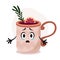 Big brown cup with hot drink. Mulled wine with rosemary and orange. Funny cartoon mug character with sad face and hands