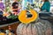 Big Bumpy Beautiful Dark Pumpkin with Cut out Wedge Slice. Dent Texture Seeds. Farmers Market. Thanksgiving Harvest Fall