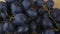 Big bunch of ripe juicy red and blue grape rotate on wooden background