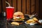 Big burger combo menu with potatoes and drink