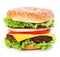 Big burger, hamburger, cheeseburger close-up isolated on a white background