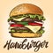 Big burger, hamburger hand drawn vector illustration sketch retro style