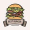 Big burger logo with ribbon. Hand-drawn burger hot dish. delicious sandwich line vector stock illustration. concept for