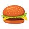 Big burger with meet, melting cheese and lettuce between buns. Hamburger, American fast food. Cheeseburger with cutlet