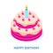 Big cake 3d icon isolated white background - Happy Birthday. Isometric vector illustration.