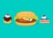 Big calories concept with hamburger and cakes