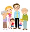 Big cartoon family with parents, children and gran