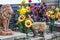 Big Cat Lion and Elephant Sculptures in Garden with Sunflowers