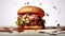 Big cheeseburger close up. hamburger with meat bun with salad, cheese and ketchup juicy and appetizing. Generative Ai