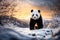 Big Chinese panda bear walking in the winter highland forest