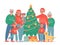 Big christmas family. Grandma, grandpa, mom and dad, kids and dog in sweaters and santa hat. Vector family portrait with
