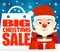 Big Christmas sale background with child in costume Santa Claus