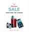 Big Christmas sale of goods for tourism. Flat illustration with text, camping tent, backpack, and items for