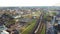 Big city spring aerial view. Railroad station.