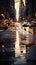 big city street, reflection in water of puddle on asphalt, sunset urban view of New York, generative AI