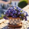 Big clay pot of purple flowers outdoors on a blurred background. Beautiful modern still life of flowers in a beautiful pot on a