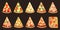 Big collection of different slices pizza top view with ingredients.