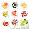 Big collection of fruit in a milk splash. Peach, orange, pear,