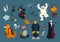 Big collection of funny and spooky Halloween cartoon characters - zombie, mummy, ghost, witch flying on broom, black cat