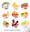 Big collection icons of fruit in a milk splash.