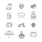 Big collection of linear icons with different autumn and fall symbols. Clothing, jam, weather, mushrooms, harvest etc.