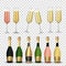 Big Collection Set of Realistic 3D champagne Golden, Pink and Green Bottle and glass isolated on transparent background. Vector